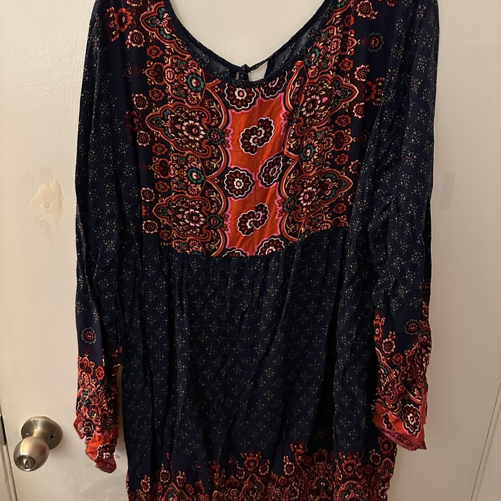 Bohemian Navy and Red Long Sleeve Tunic Dress